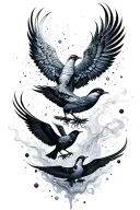 three birds perched together. the  bird in the middle is a phoenix rising from a abstract liquid that resembles smoke tattoo design idea