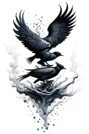 three birds perched together. the  bird in the middle is a phoenix rising from a abstract liquid that resembles smoke tattoo design idea