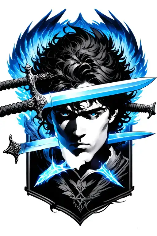 Three swords (Archangel Michael–inspired, with anime flair like Black Clover)Blue divine aura around the biceps tattoo design idea