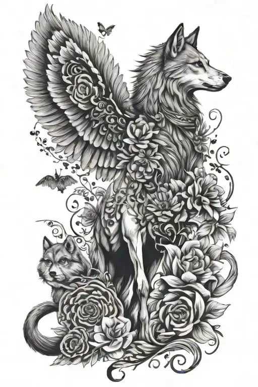 horse, wolf, Meerkat, Butterfly, flower. full sleeve tattoo design idea