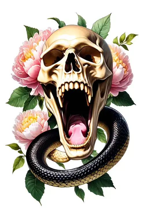 screaming skull, large python snake wraps the skull, in the background leaves and flowers of peonies tattoo design idea