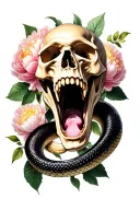 screaming skull, large python snake wraps the skull, in the background leaves and flowers of peonies tattoo design idea