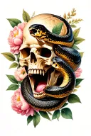 screaming skull, large python snake wraps the skull, in the background leaves and flowers of peonies tattoo design idea