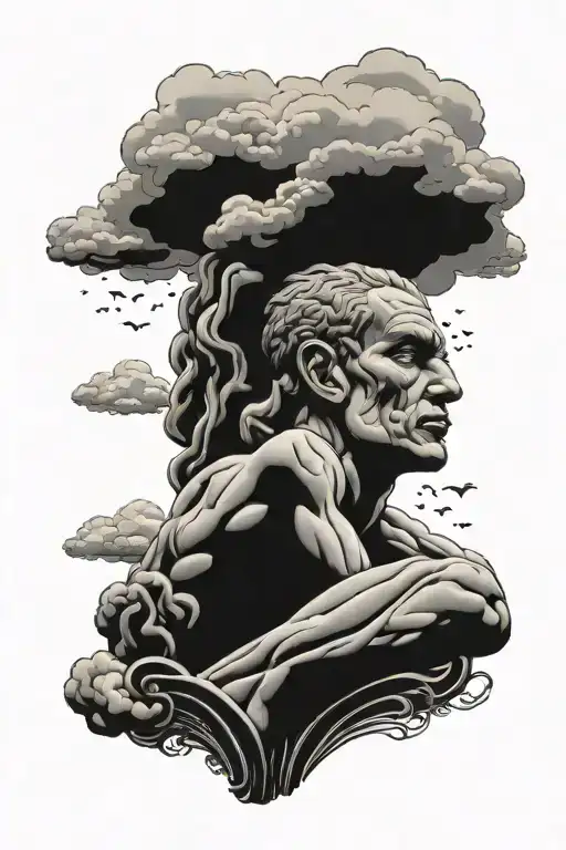 thinker sculpture with cloud over his head tattoo design idea