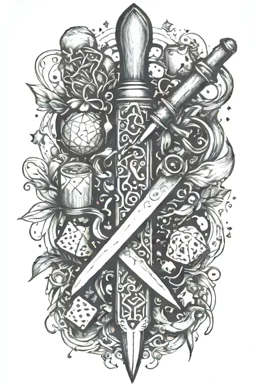 An intricate dotwork tattoo of a cook's knife morphing into a magical wand, with DnD dice and potion bottles scattered around tattoo design idea