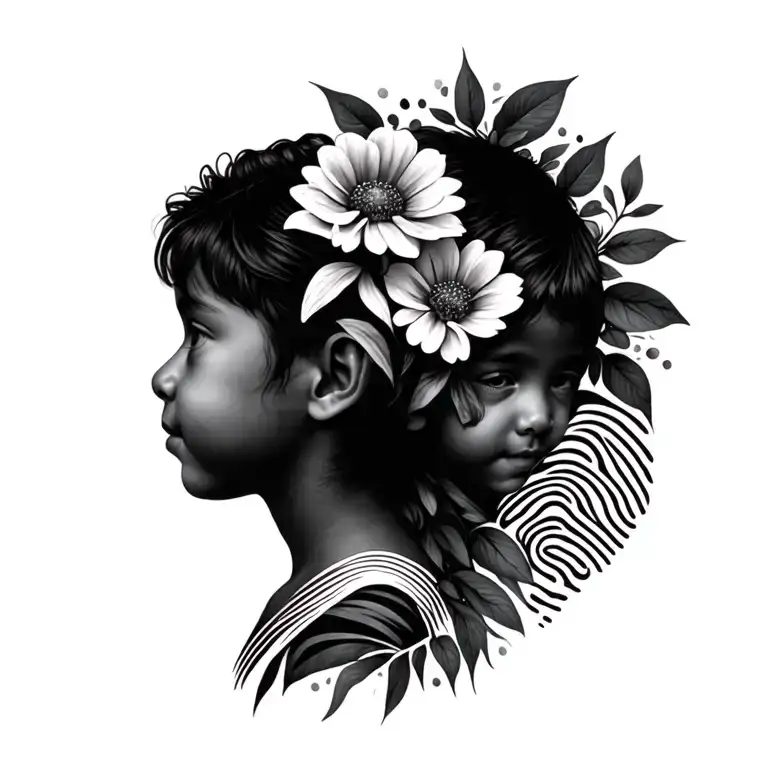 3 children's profile, name, flowers & finger prints in a heart shape tattoo design idea