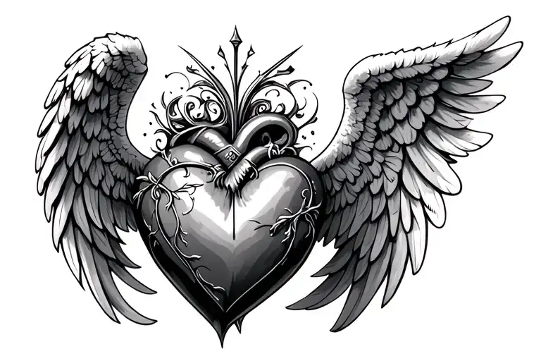 3d heart with detailed angel wings and a tocuh of gotic style tattoo design idea