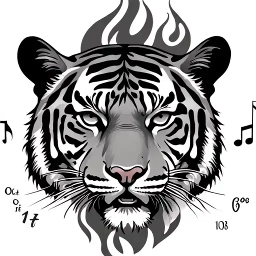 Tiger face, libra scale, fire, music key and oct 1st 1986 in roman letters tattoo design idea