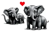 3 elephants, mom and dad elepehant sitting down and a baby elephant standing middle with a heart  tattoo design idea
