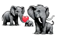 3 elephants, mom and dad elepehant sitting down and a baby elephant standing middle with a heart  tattoo design idea