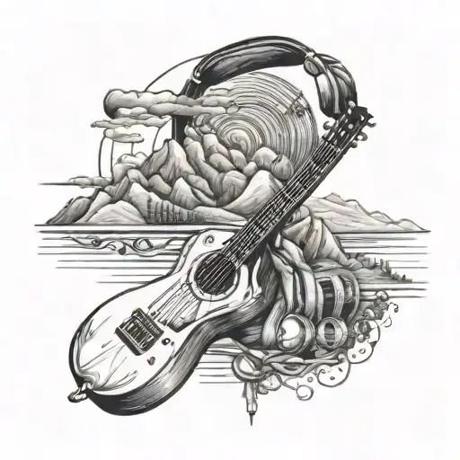 Create a side arm band tattoo showing mountains, guitar, music, travel lover, laptop, earphones, health is wealth, famil tattoo design idea