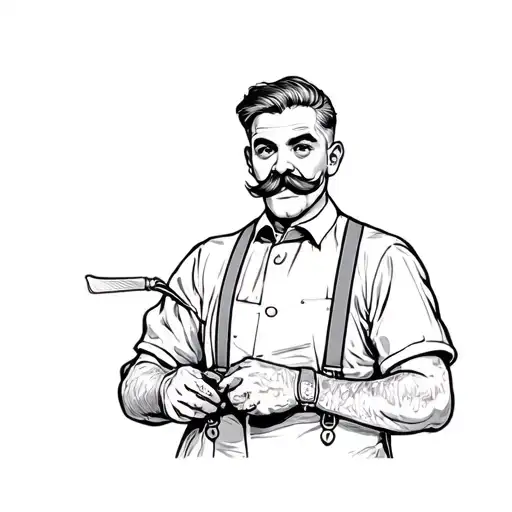 a 50-year-old barber, from the waist to the head, wearing suspenders, with a mustache, holding a razor in his right hand tattoo design idea