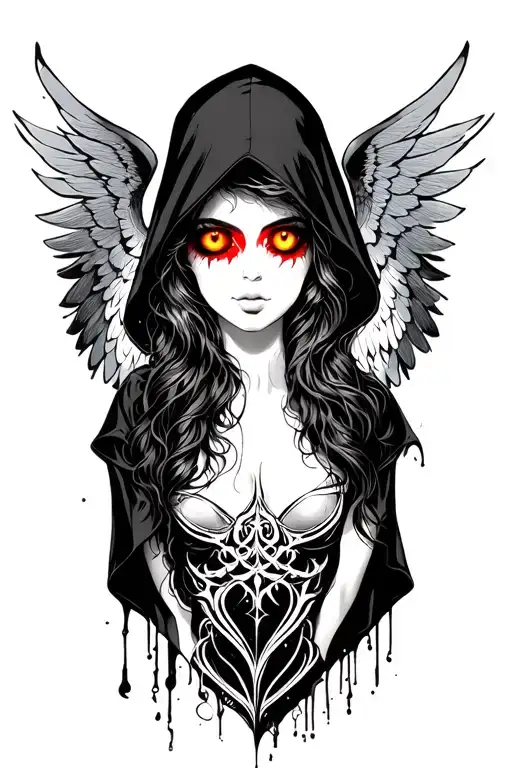 Women in dark hood and right eye red and left eye yellow no face visible two wings on left and two wings on right metal tattoo design idea