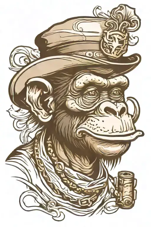 a face of a bonobo monkey with a hat cylinder and a cigar in his mouth tattoo design idea