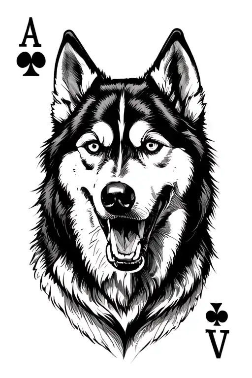 the ace of spades where the spade follows the outline of a howling husky tattoo design idea