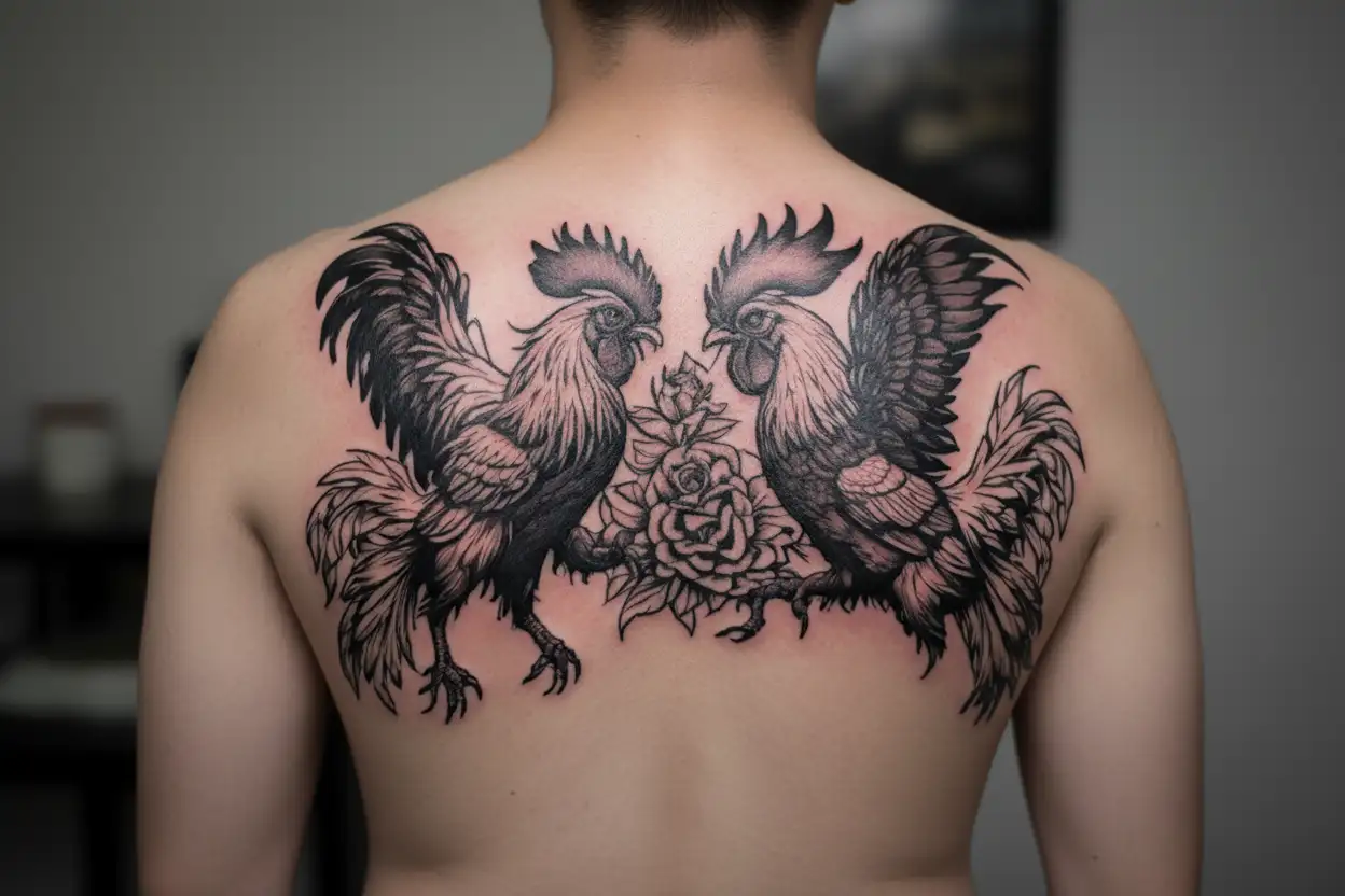 2 fighting roosters tattoo design idea