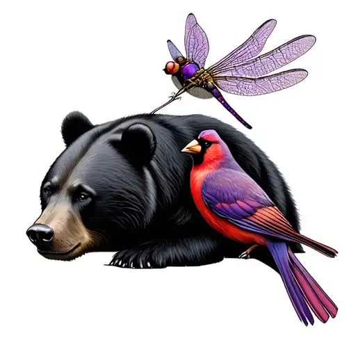 black bear, lilac, dragonfly and cardinal tattoo design idea