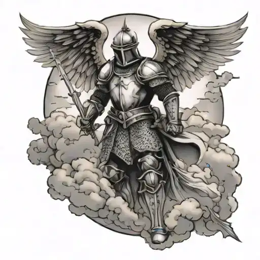Tattoo design,Medieval Knight, Sky and Clouds with angels, and girl silhouette tattoo design idea