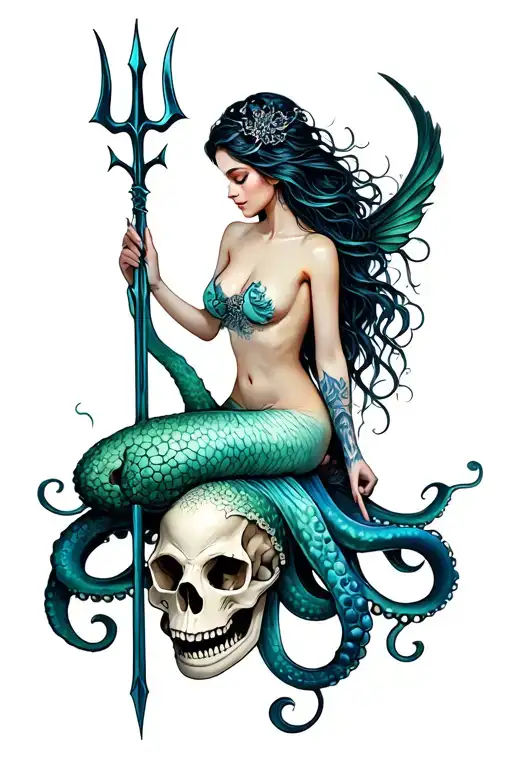 a siren mermaid sitting on an octopus skull hybrid holding a trident tattoo design idea