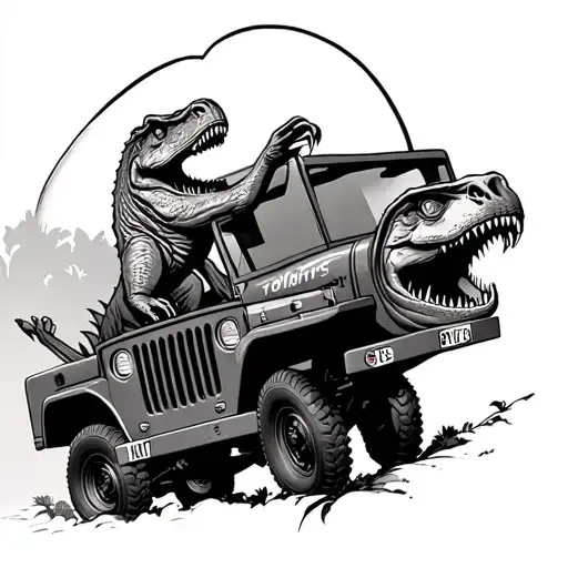 1944 jeep willies being driving by a t-rex tattoo design idea