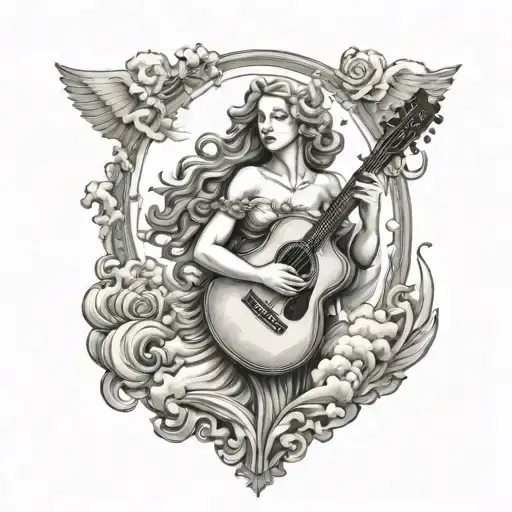 Love Goddess Aphrodite in the clouds holding two arm guitar tattoo design idea