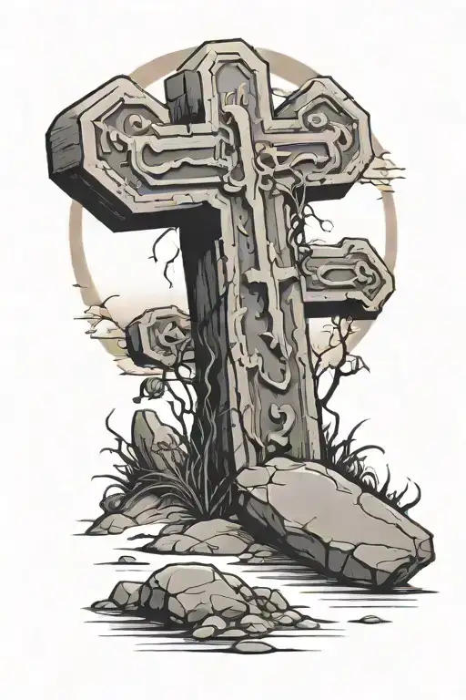 the grave with the stone rolled away and the three crosses in the background with the sun rising tattoo design idea