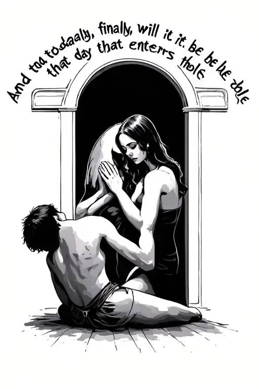 Text That Says "And today finally, it will be the day that enters that hole." and a boy praying on His knees to a sexy girl. tattoo design idea
