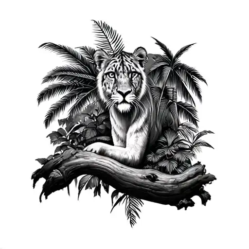 jungle tattoo on the lower leg, below the knee.  tattoo design idea