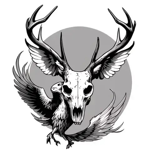 Deer Skull and phoenix bird flying away tattoo design idea