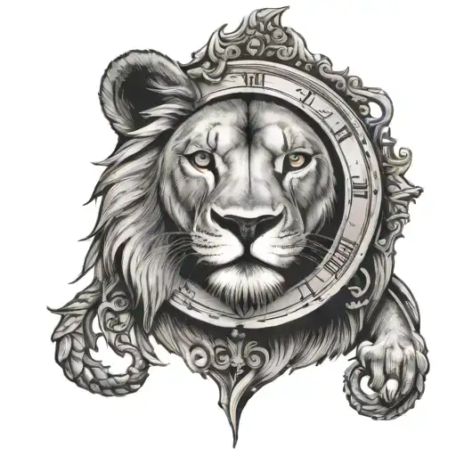 lion with clock surrounded around 1 eye tattoo design idea