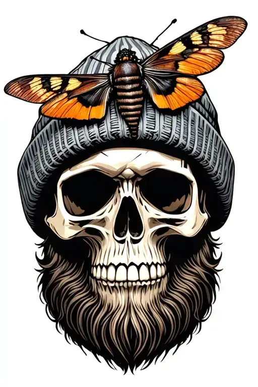 Bearded skull wearing a beanie with a death moth resting tattoo design idea