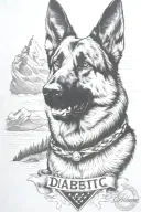 German shepherd portrait saying "diabetic" mountain scene American flag intertwined tattoo design idea