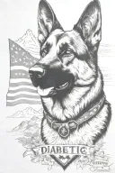 German shepherd portrait saying "diabetic" mountain scene American flag intertwined tattoo design idea