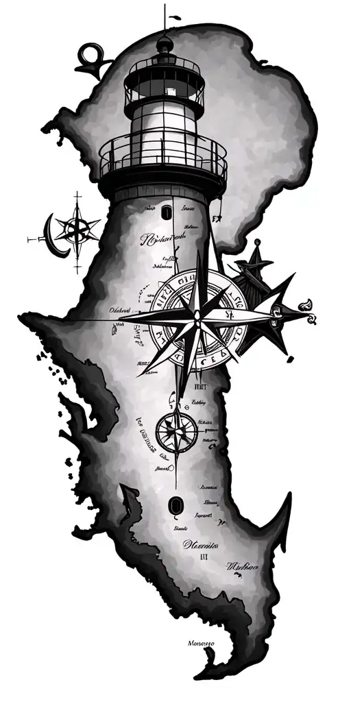 Nautical map of gulf of mexico and anchor and compass and light house ides tattoo design idea