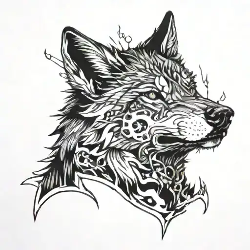 half face of wolf, the other half is a gear, below are wolf cubs tattoo design idea