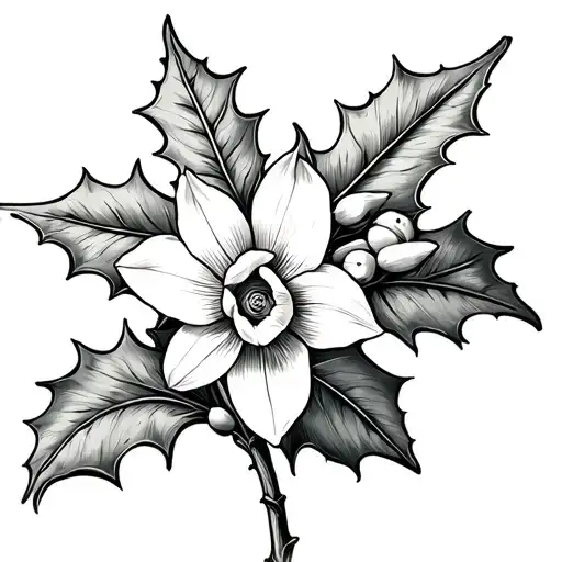 narcissus and holly berry fine line tattoo with stem tattoo design idea