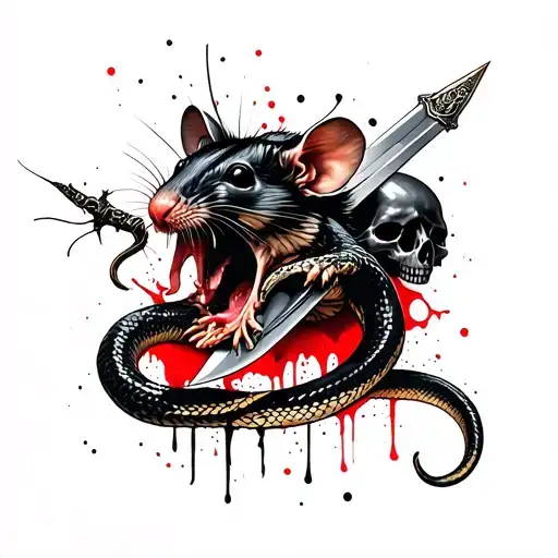 snake eating rat with dagger and skulls tattoo design idea