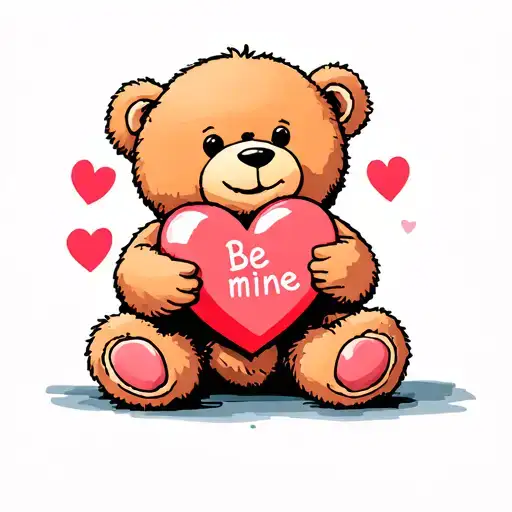 childhood teddy bear plush holding a heart that says love with both hands. on the left foot it says be mine.  tattoo design idea