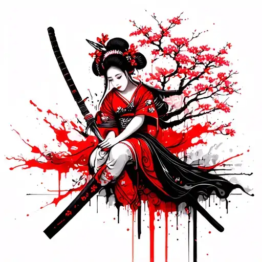 geisha leg sleeve with katana and sakura tree tattoo design idea