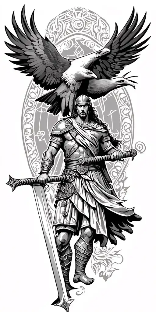 Spartan warrior holding a sword with an eagle flying above, symbolizing power and fearlessness tattoo design idea