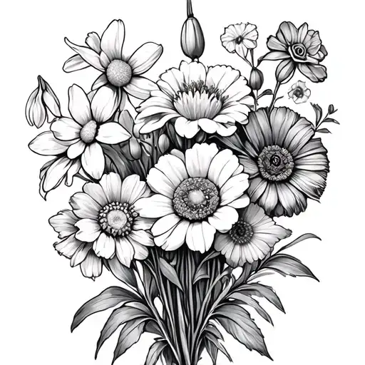 flower bundle with daisy, daffodil, violet, poppy, snowdrop, mums, Mary gold, Narcissus, rose, Lilly of Valley flower tattoo design idea