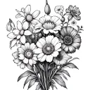 flower bundle with daisy, daffodil, violet, poppy, snowdrop, mums, Mary gold, Narcissus, rose, Lilly of Valley flower tattoo design idea