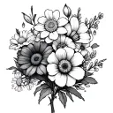 flower bundle with daisy, daffodil, violet, poppy, snowdrop, mums, Mary gold, Narcissus, rose, Lilly of Valley flower tattoo design idea