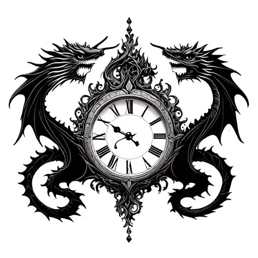 Clock with twin dragons around it tattoo design idea