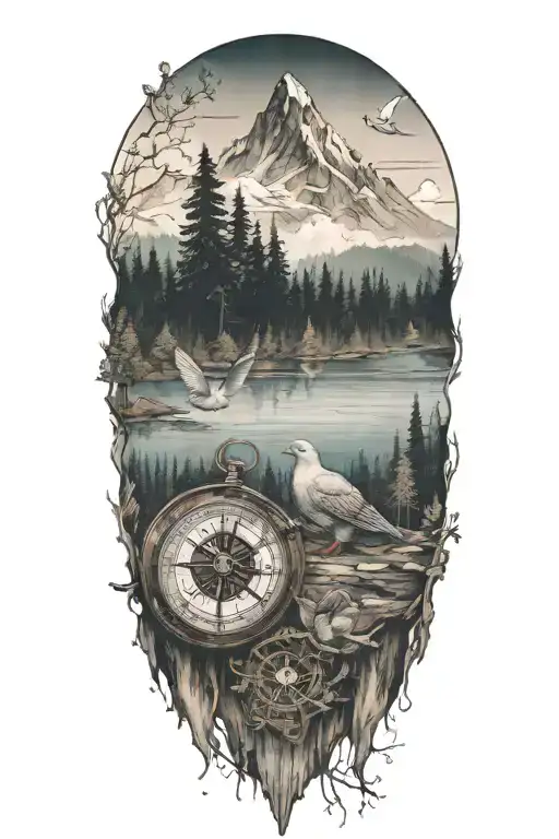 sillier or father and son with a mountain background in the forest with a lake, a dove with a compass tattoo design idea