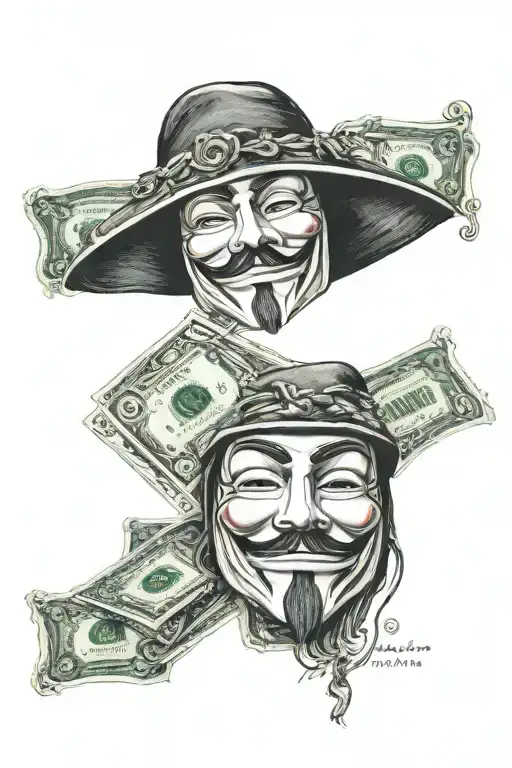 guy fawkes mask close up, above the mask close up part of the casino roulette mixed with a fan of dollar bills tattoo design idea