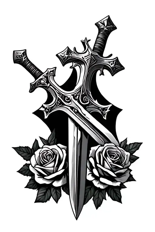 forearm templar tattoo with sword, cross and roses tattoo design idea