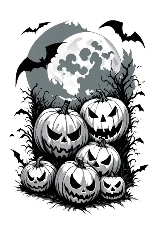 graveyard with evil pumpkins with a full moon in the background with bats  tattoo design idea