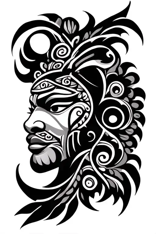 tribal hmong design with certain elements fading into background and poping out into foreground tattoo design idea