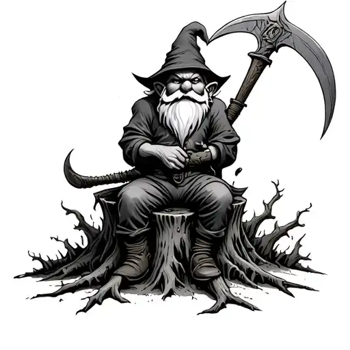 Evil Redcap Gnome Sitting on Rotting Tree Stump holding a hand Scythe as a weapon Back of hand tattoo fade for knuckles tattoo design idea